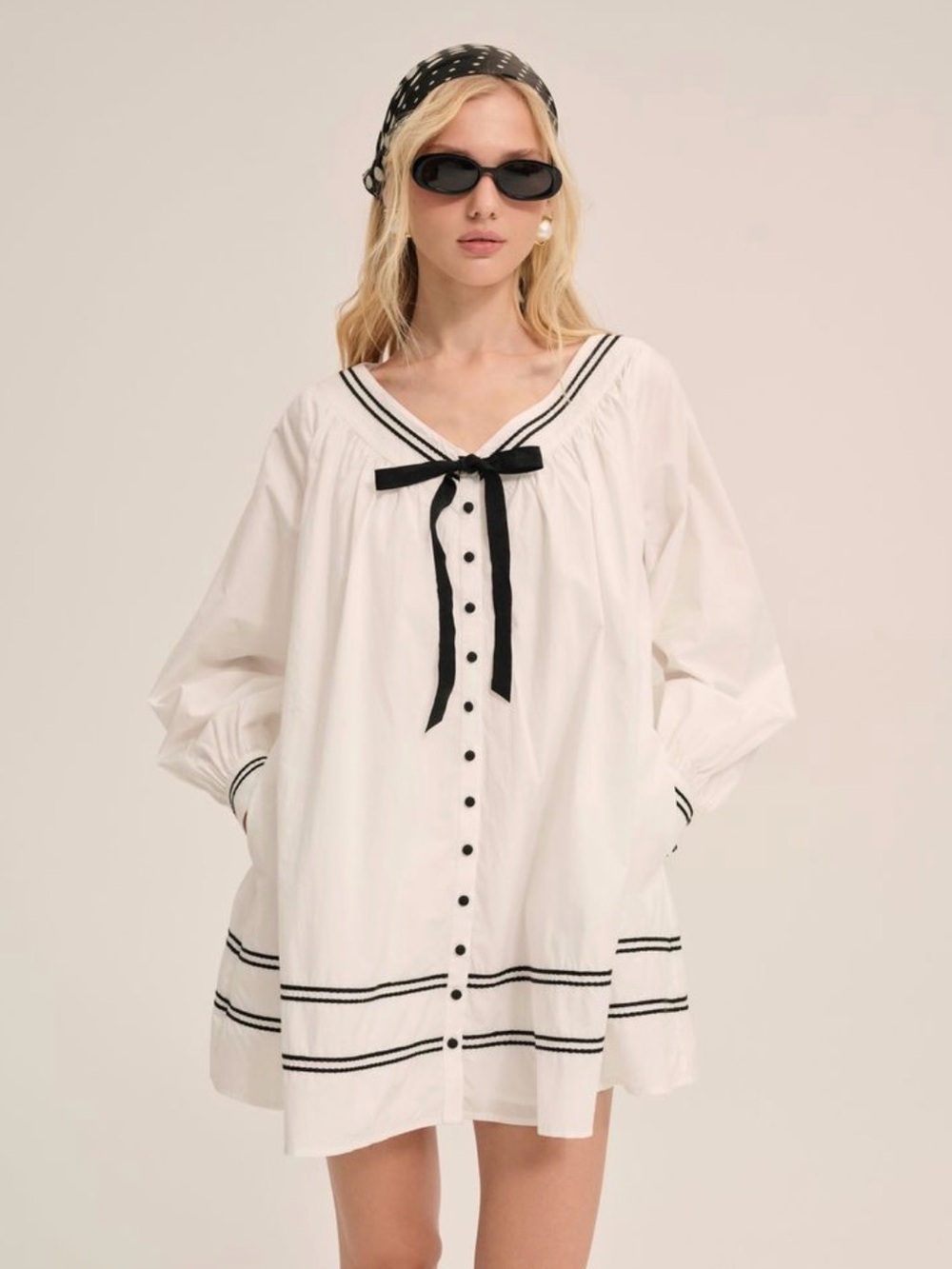 For Love And Lemons White Mini Sailor Dress with Black Trim